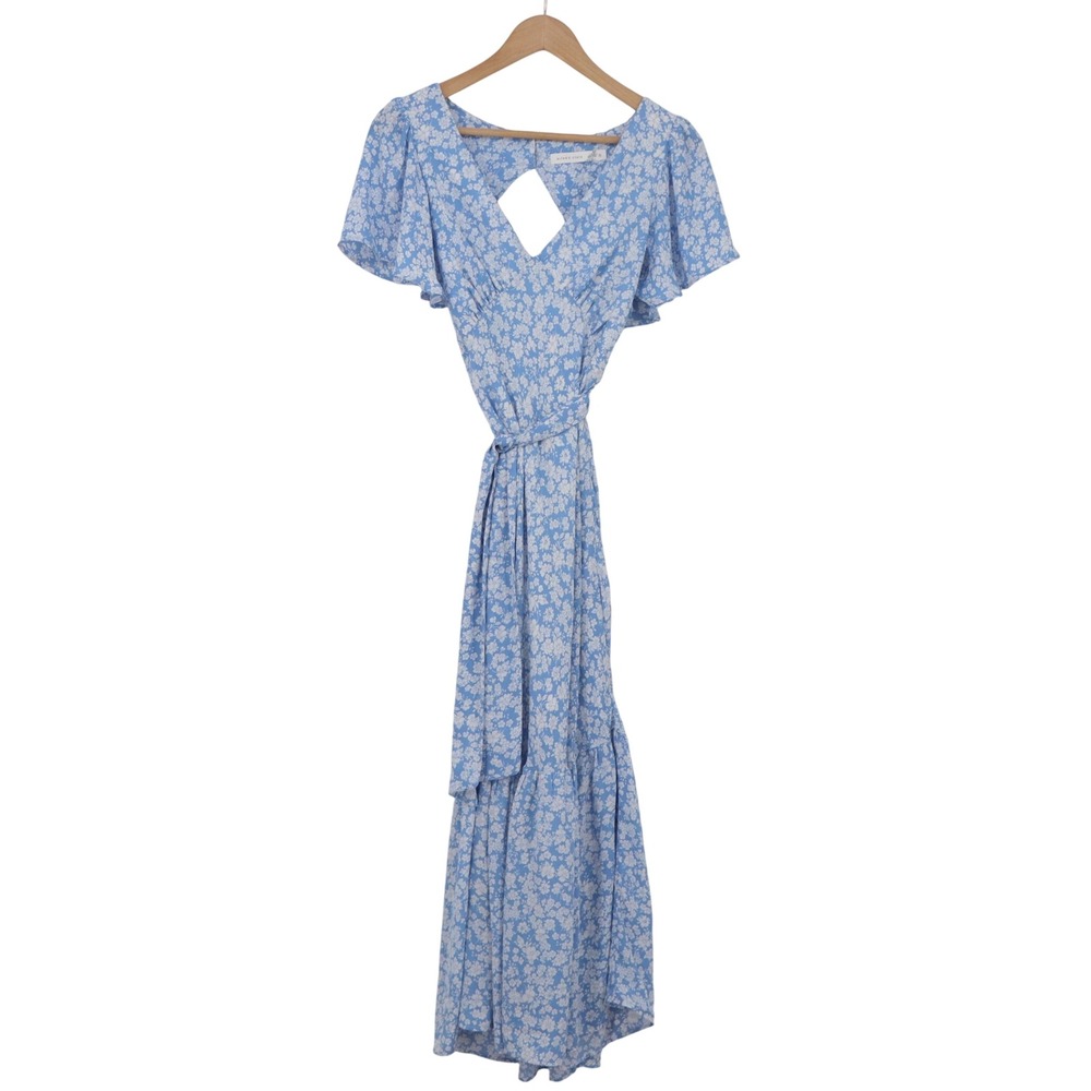 Altar'd State Dress Womens S Maxi Floral Blue Flutter Sleeve Wrap Tiered Exc